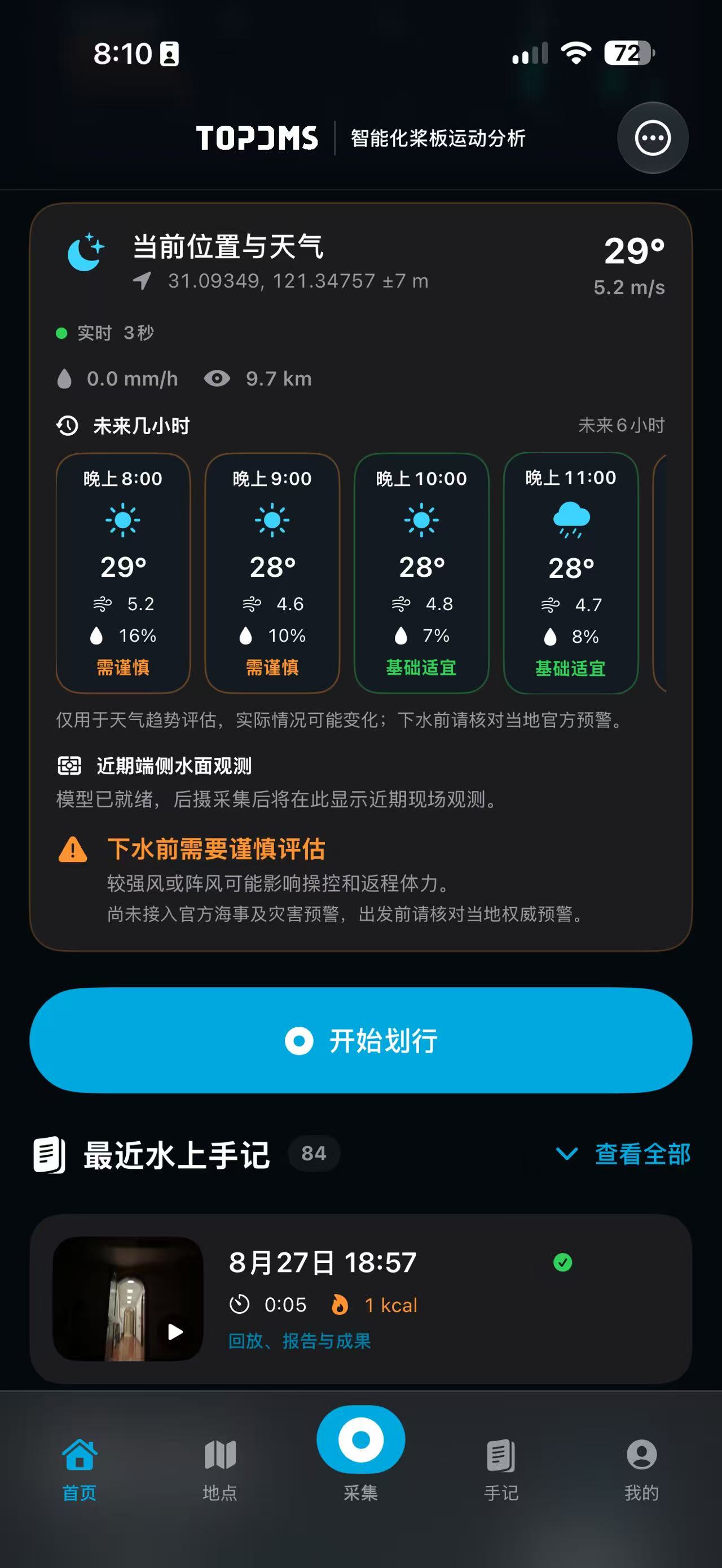 Paddle Lab 实机天气页面，显示当前天气、未来几小时和出发提示